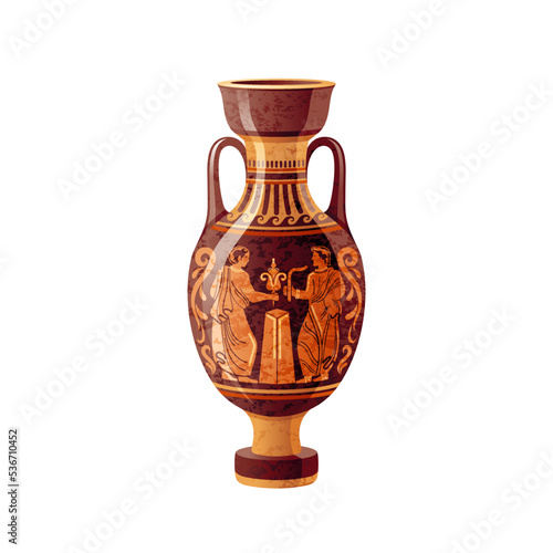 Greek vase. Ancient pottery vector. 3d antique amphora. Greece mythology. Old ceramic art painting. Myth jug, roman urn pattern. Vintage grunge pot jar. Classic red figure greek vase withg ancient god