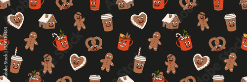 Christmas market street foods and drinks seamless pattern. Coffee, cocoa, mulled wine, candy, glintwine, pretzel, cookie, gingerbread in trendy retro cartoon style. Merry Christmas and Happy New year.
