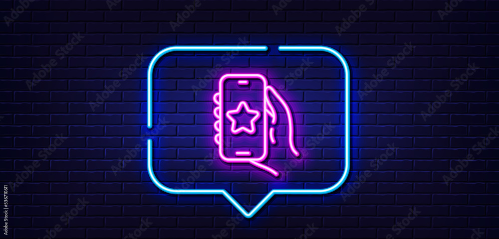 Neon light speech bubble. Favorite app line icon. Hand hold phone sign. Cellphone with screen notification symbol. Neon light background. Favorite app glow line. Brick wall banner. Vector Neon light speech bubble. Favorite app line icon. Hand hold phone sign. Cellphone with screen notification symbol. Neon light background. Favorite app glow line. Brick wall banner. Vector
