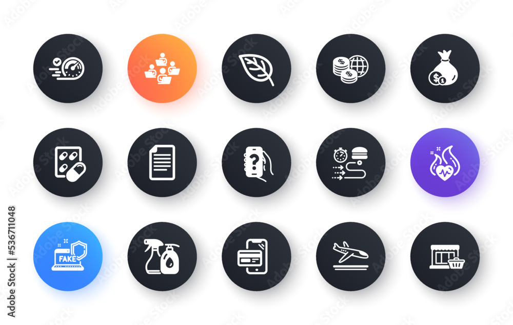 Minimal set of Cash, Speedometer and Fake internet flat icons for web development. Cleaning liquids, File, Teamwork icons. World money, Help app, Arrivals plane web elements. Vector Minimal set of Cash, Speedometer and Fake internet flat icons for web development. Cleaning liquids, File, Teamwork icons. World money, Help app, Arrivals plane web elements. Vector