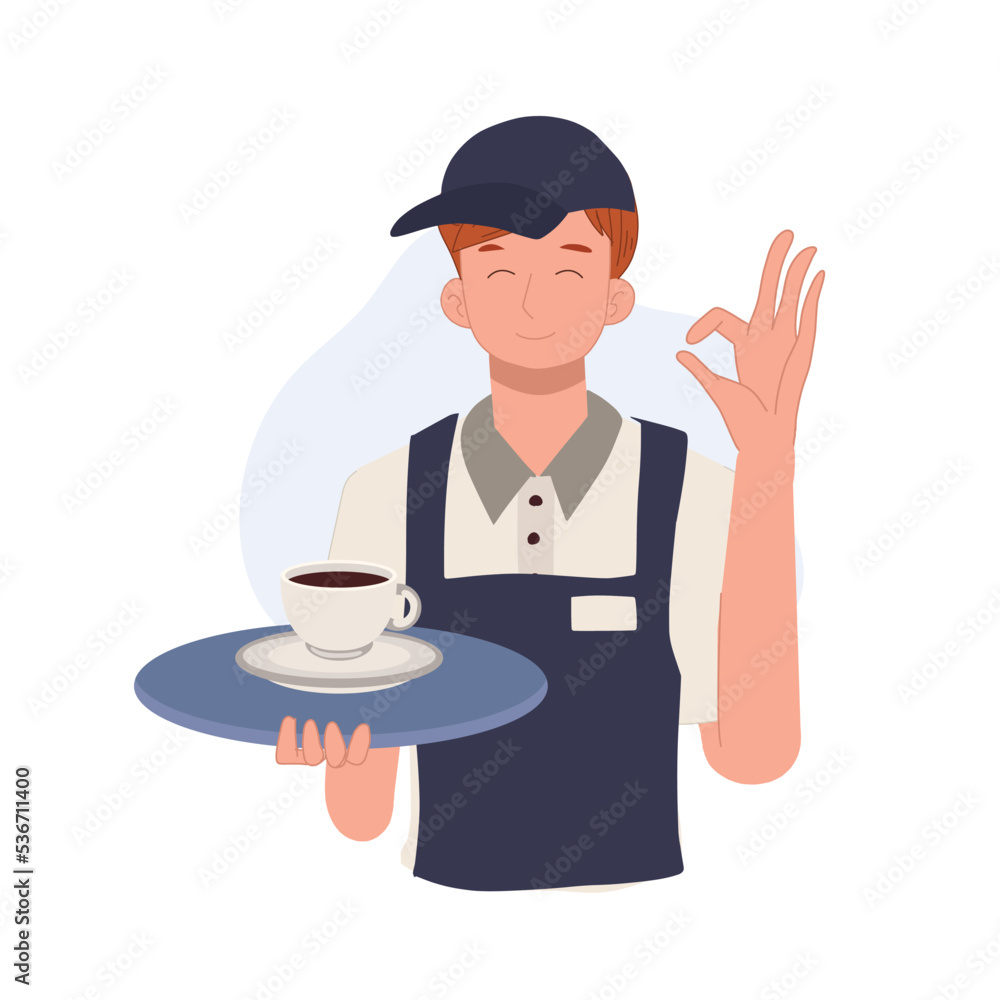 Waiter carrying a tray with coffee is doing okay hand sign. Vector illustration. Waiter carrying a tray with coffee is doing okay hand sign. Vector illustration.
