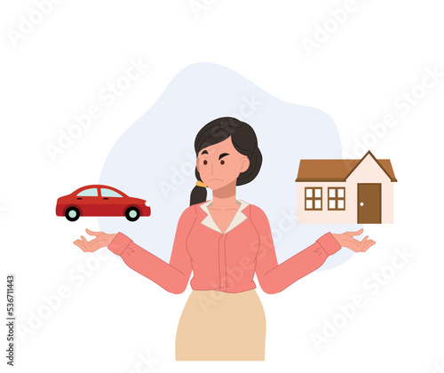 A woman comparing to buy a house or a car. Make decision Choice between house and car. Vector illustration.