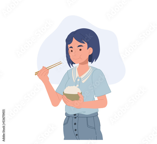woman eating rice with chopstick. Vector illustration