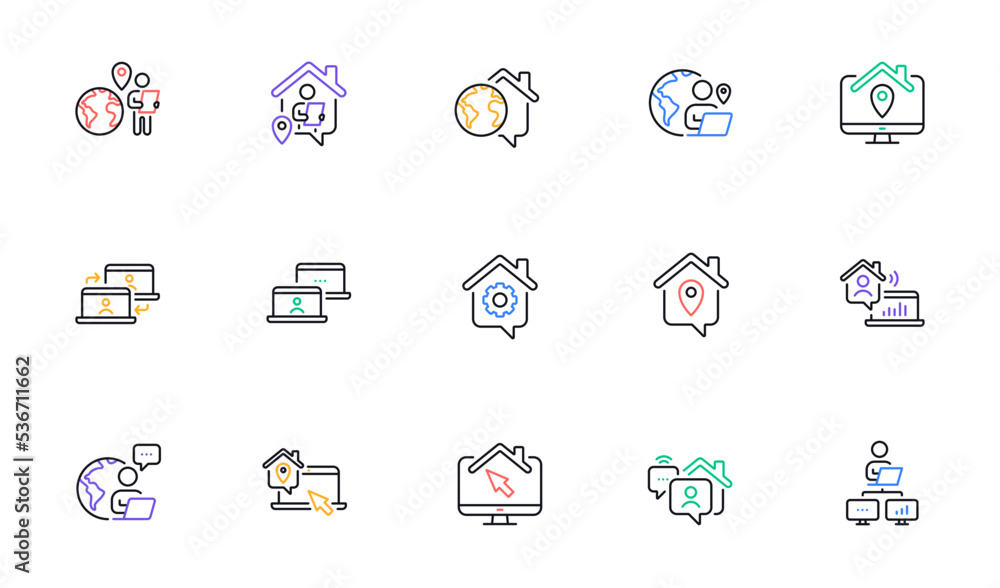 Work at home line icons. Office employee, Remote worker and Freelance job. Stay at home, internet work, remote teamwork line icons. Worker with computer, home workspace, shared network. Vector Work at home line icons. Office employee, Remote worker and Freelance job. Stay at home, internet work, remote teamwork line icons. Worker with computer, home workspace, shared network. Vector