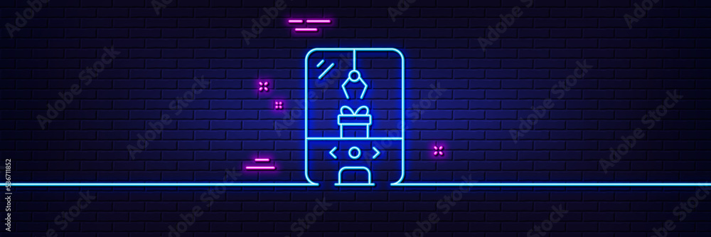 Neon light glow effect. Crane claw machine line icon. Amusement park sign. Carousels symbol. 3d line neon glow icon. Brick wall banner. Crane claw machine outline. Vector - obrazy, fototapety, plakaty 