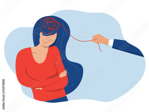 The depression ,  Psychotherapy and psychology help relieve depression disorders ,Therapist untangles ball of thread in head concept illustrator.