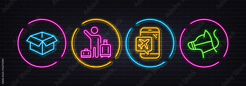 Opened box, Flight mode and Airport transfer minimal line icons. Neon laser 3d lights. Dog leash icons. For web, application, printing. Shipping parcel, Airplane mode, Baggage reclaim. Vector
