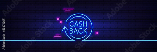 Neon light glow effect. Cashback service line icon. Money transfer sign. Rotation arrow symbol. 3d line neon glow icon. Brick wall banner. Cashback outline. Vector
