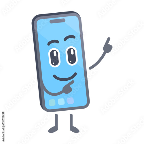 Phone with pointing to up pose. smartphone cartoon character. Iphone character.