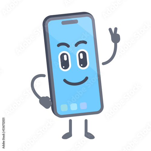 Phone with peache hand sign pose. smartphone cartoon character. Iphone character.