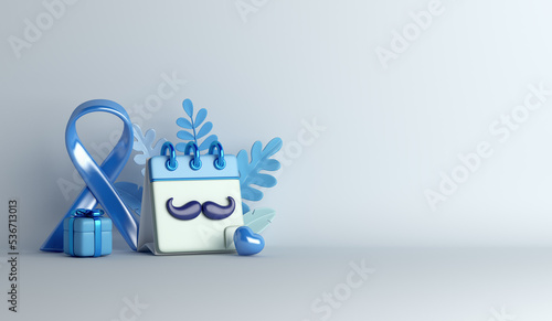 Prostate cancer awareness month with ribbon, mustache, calendar, gift box on blue background, copy space text, 3d rendering illustration photo