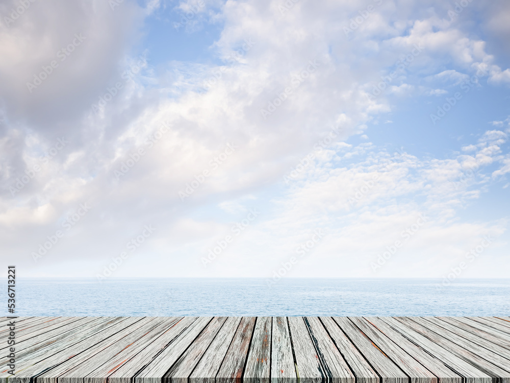 Empty Wood Table on Blur Sea Summer Background,Blank Desk with Blue Ocean and blue sky Horizon Landscape Outdoor photo Backdrop,Mockup Board for add Product Presentation,Tropical Summer Nature Tourism