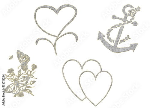 illustration de bijoux argentés en  forme de coeur de  papillon et d' ancre de marine