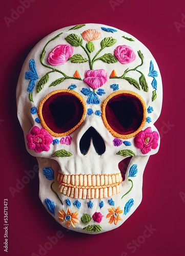 Embroidered sugar skull (calavera), Day of the Dead celebration