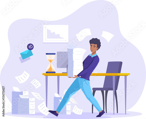Stressed overloaded office employee carrying heavy paper stack