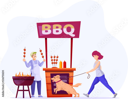 Cheerful man cooking BBQ at outdoor summer booth