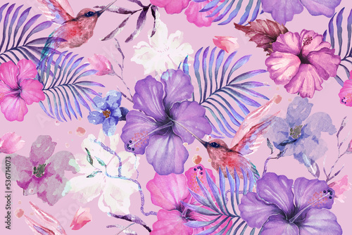 Photos Seamless pattern of hibiscus flowers ,tropical leaves and hummingbird on purple background