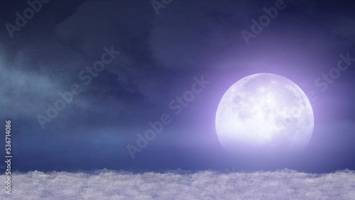 Beautiful realistic flight over cumulus lush clouds in the night moonlight