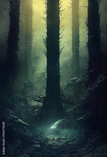 lost spaceship in forest sci-fi landscape scene 3d illustration © เอกสิทธิ์ นูนทะธรรม