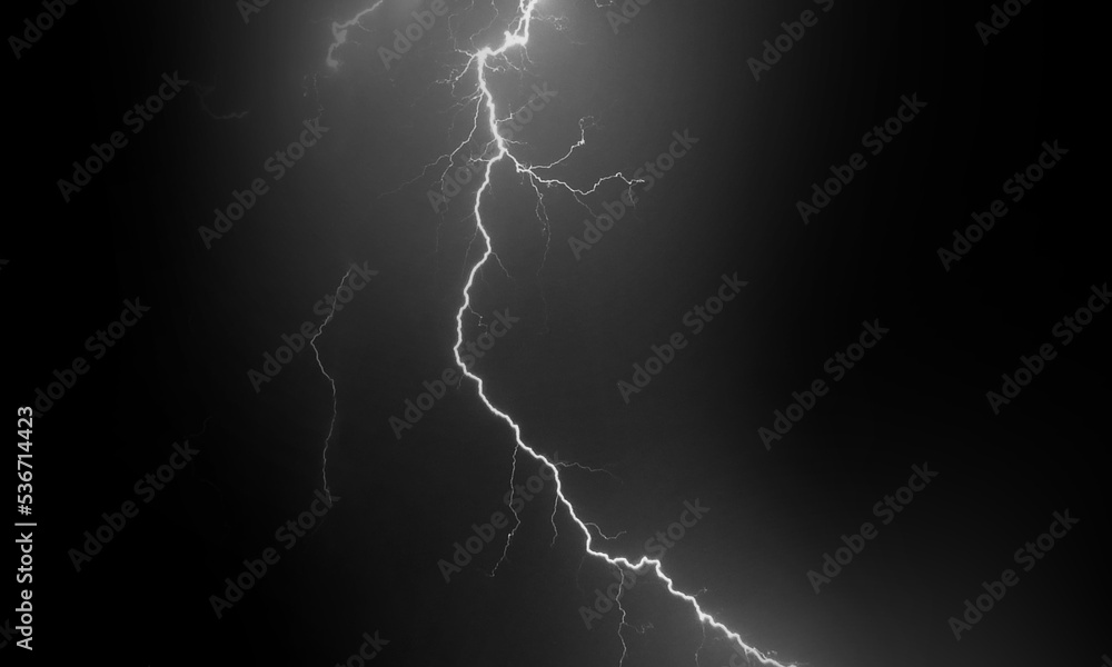 lightning effect on black background. Thunderbolt with rays of light. Thunderstorm natural phenomenon. 