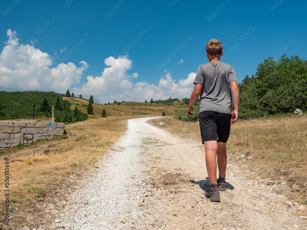 Young blond hair man in shorts and grey t shirt  walking on gravel road