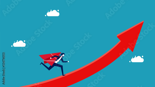 Leader of growth. businessman with a paper plane runs along the growth arrow vector