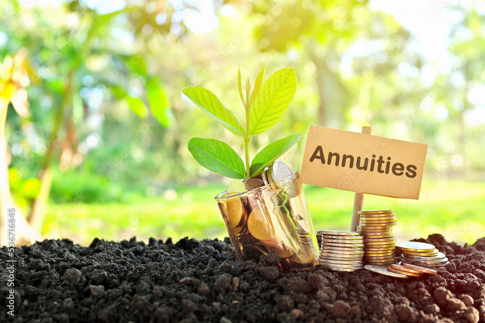 Investment on annuities concept. Coins in a jar with soil and growing plant in nature background.