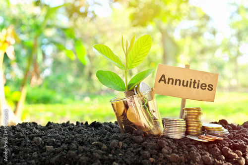 Investment on annuities concept. Coins in a jar with soil and growing plant in nature background. photo