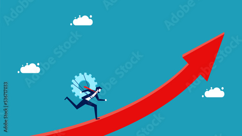 patient and work hard for success. businessman with gear running on the growth arrow vector