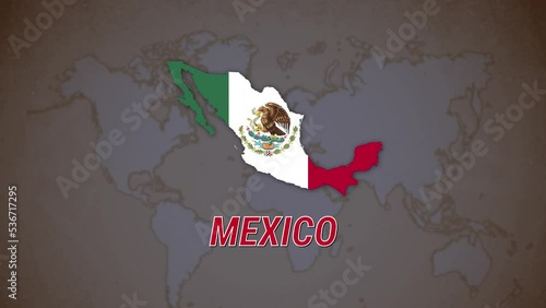 Mexico flag fluttering in the wind and featuring a map of the country in the Mexican flag pattern. It is a composite garden of Footage.