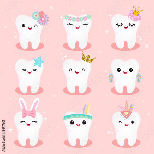 Cute girls Tooth Character Set in many costume