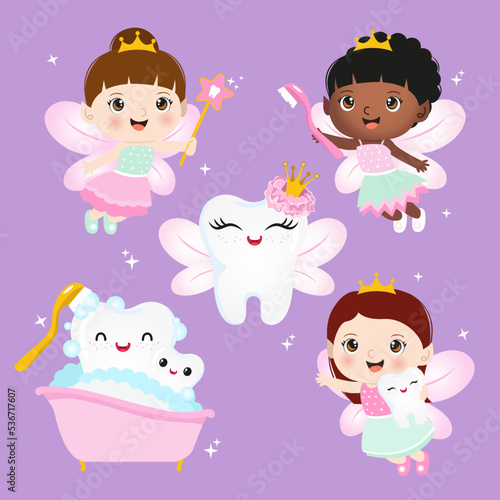 Girls tooth Fairy and cute happy tooth