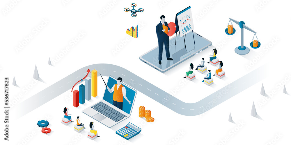 Business training concept 3d isometric web banner. People listen to speaker at seminar, online coaching, report presentation at conference. Illustration for landing page and web template design