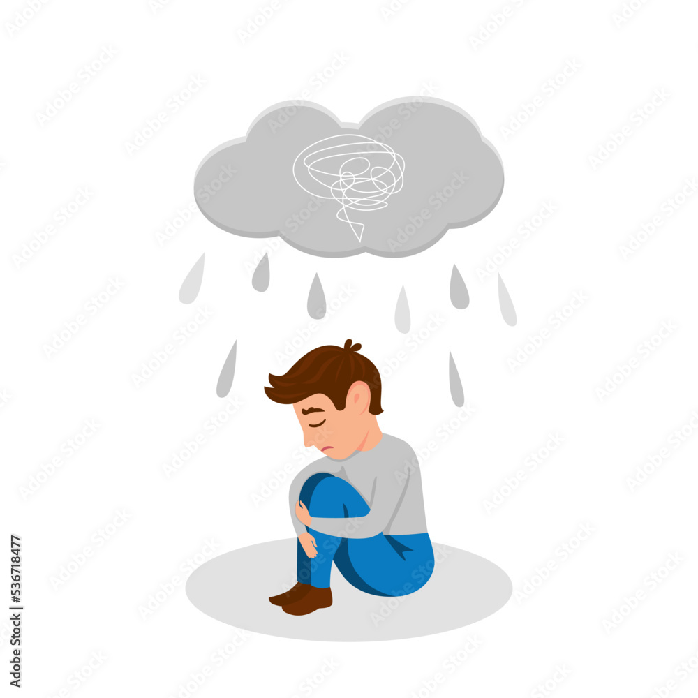 Sad, unhappy boy sitting under rain, depression concept, flat vector illustration isolated on white background. Sad, unhappy boy sitting under rain, depression concept, flat vector illustration isolated on white background.