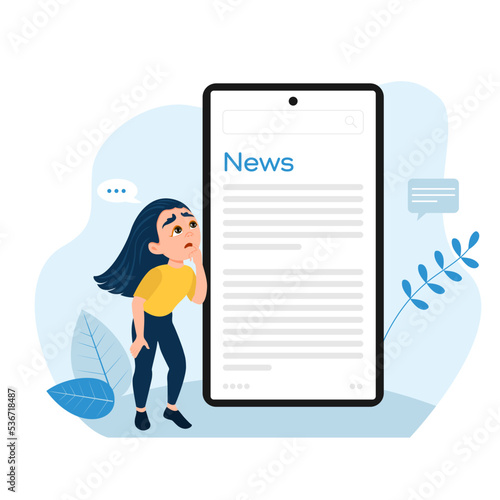 The girl looks at the news feed on the phone, frightened and surprised. Vector illustration