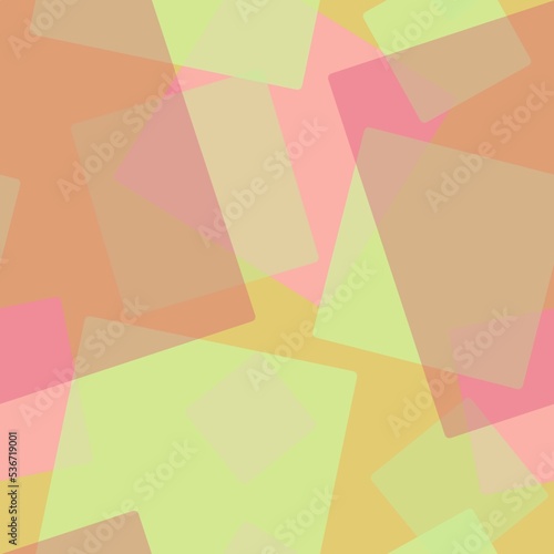 Abstract seamless pattern of randomly arranged overlapping transparent rectangles,squares of yellow pink tones on peach background.Layering effectFor fashion fabrics,clothes,home decor,T-shirts,cards