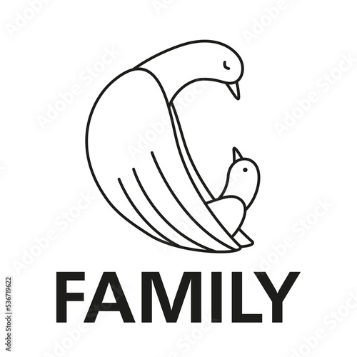 The family emblem. A bird and a chick. Allegory of family love. Line graphics
