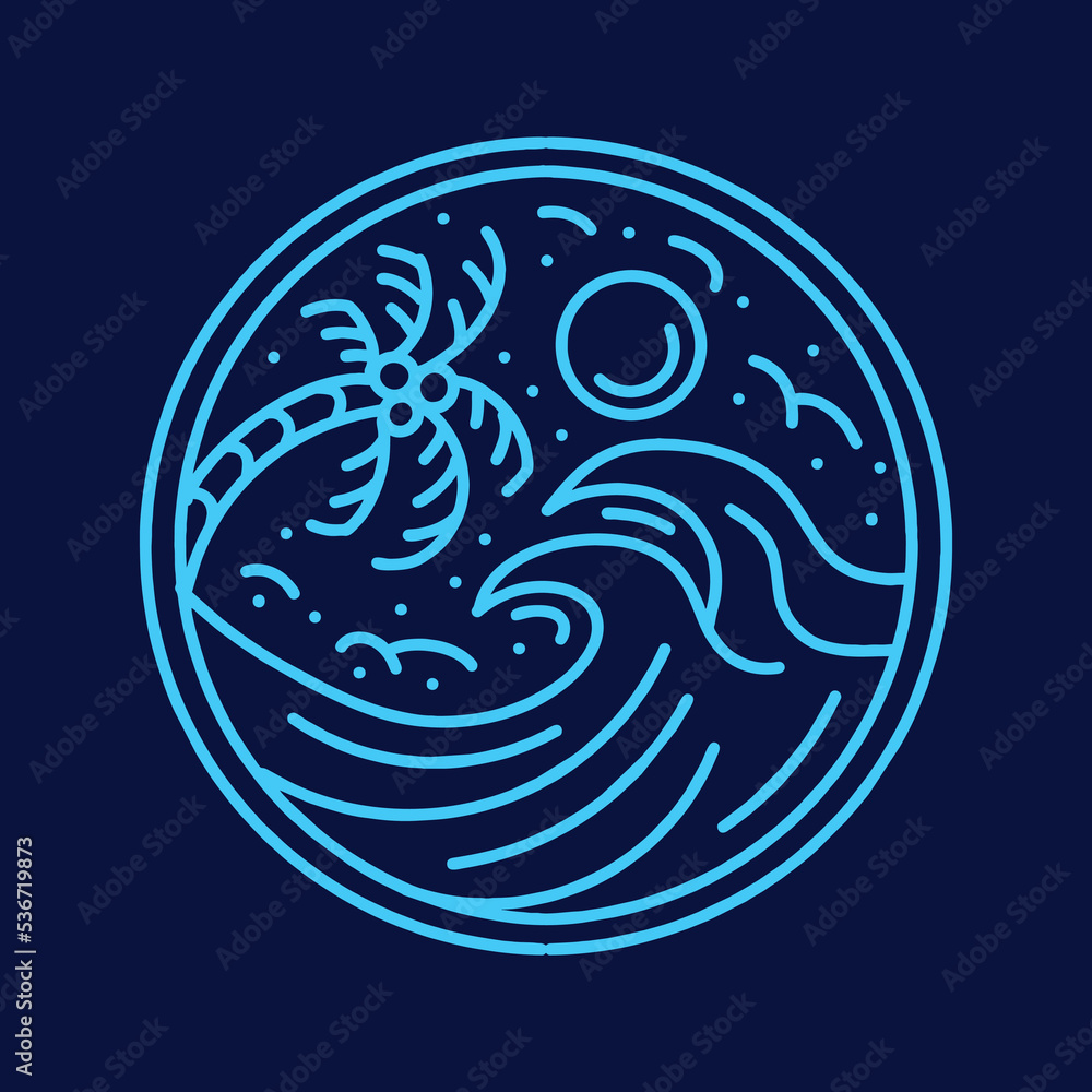 Naklejka premium Summer Beach illustration Monoline Vector, Blue Wave vintage badge, creative emblem Design For T-shirt Design