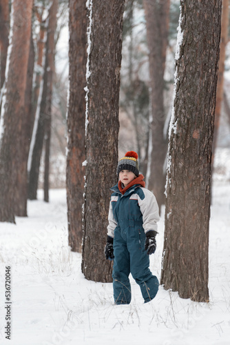 Child in knitted hat and winter jumpsuit walks on winter forest background. Vertical frame