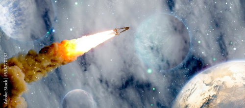 Fototapeta Naklejka Na Ścianę i Meble -  rockets launch into space on the starry sky. spacecraft flies into space with clouds of smoke. Elements of this image furnished by NASA