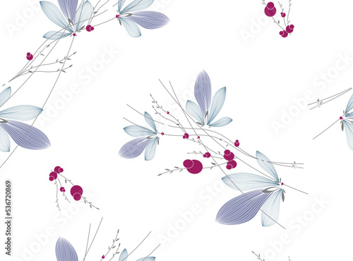 Floral seamless pattern with blue leaves, red berries and thin gray lines in a minimalist style on a white background. Abstract vector drawing for design of textile, fabrics, wallpaper, etc.