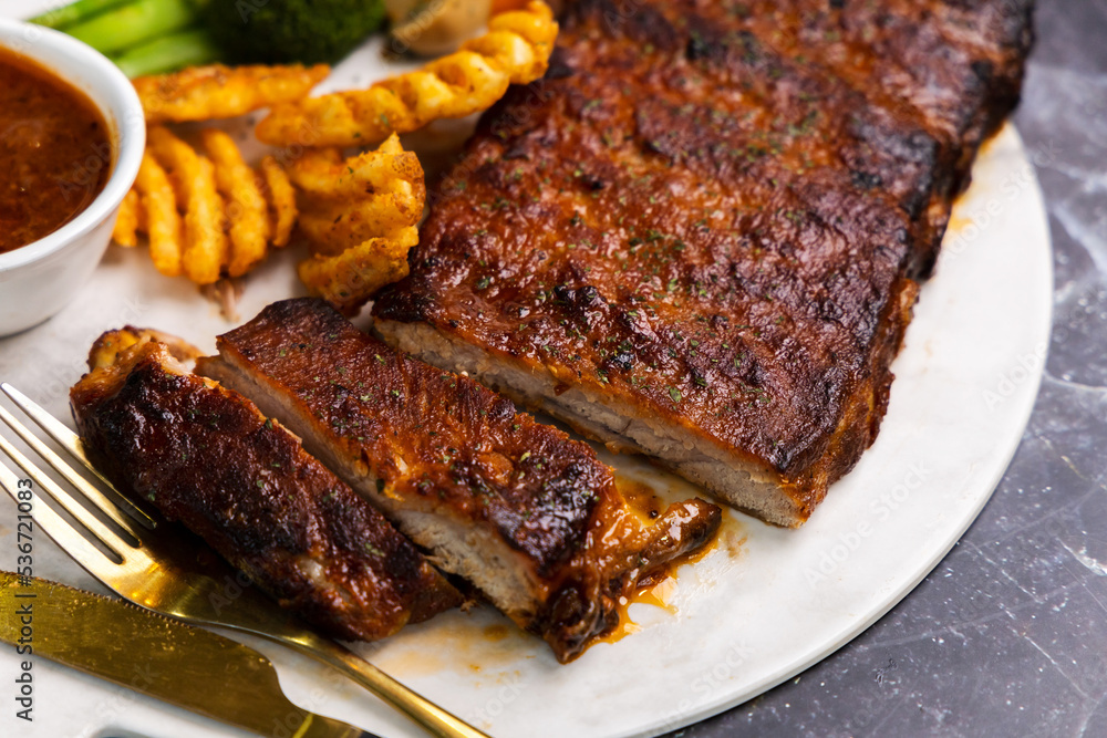 Grilled Pork Ribs with Spicy Dipping Sauce and Vegetable Salad	