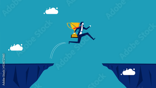 Overcome risks and obstacles. A businessman with a trophy jumps over the gap. vector illustration © Nastudio