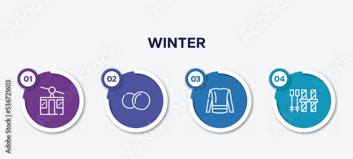 infographic element template with winter outline icons such as ski lift, snow ball, turtleneck sweater, ski equiptment vector.