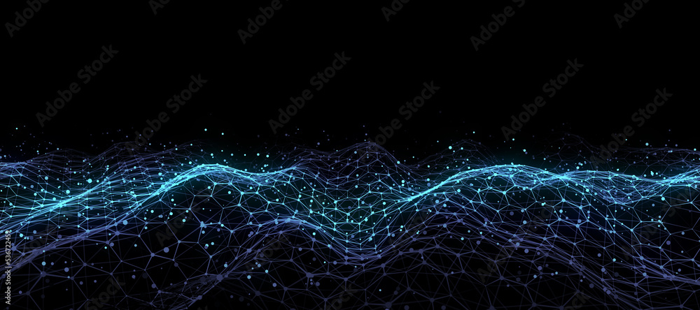Blue hexagon wave of particles and lines. Big data visualization. Abstract background with a dynamic wave. 3d rendering. - obrazy, fototapety, plakaty 