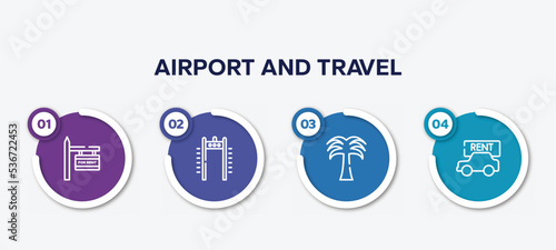 infographic element template with airport and travel outline icons such as rent, airport security portal, coconut trees, rent a car vector.