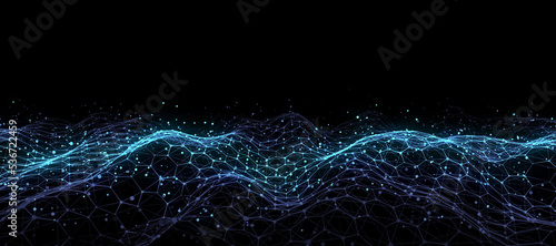 Blue hexagon wave of particles and lines. Big data visualization. Abstract background with a dynamic wave. 3d rendering. © Oleksii