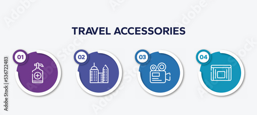 infographic element template with travel accessories outline icons such as sanitizer, modern hotel, camera recorder, sick bag vector.