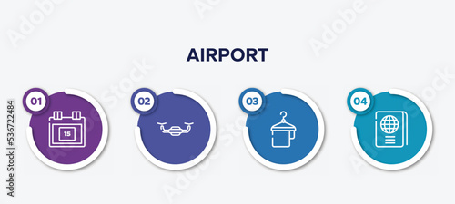 infographic element template with airport outline icons such as calendar day 15, unmanned, hanger with a towel, international passport vector.