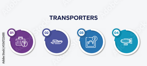 infographic element template with transporters outline icons such as lost and found, yacht side view, left luggage, airship side view vector.
